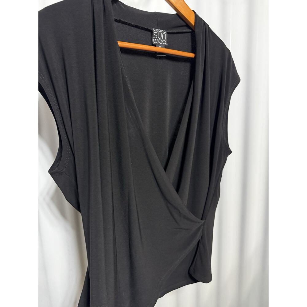 Clara Sunwoo Draped Twist Front Top Black Jersey Knit XL Made In USA